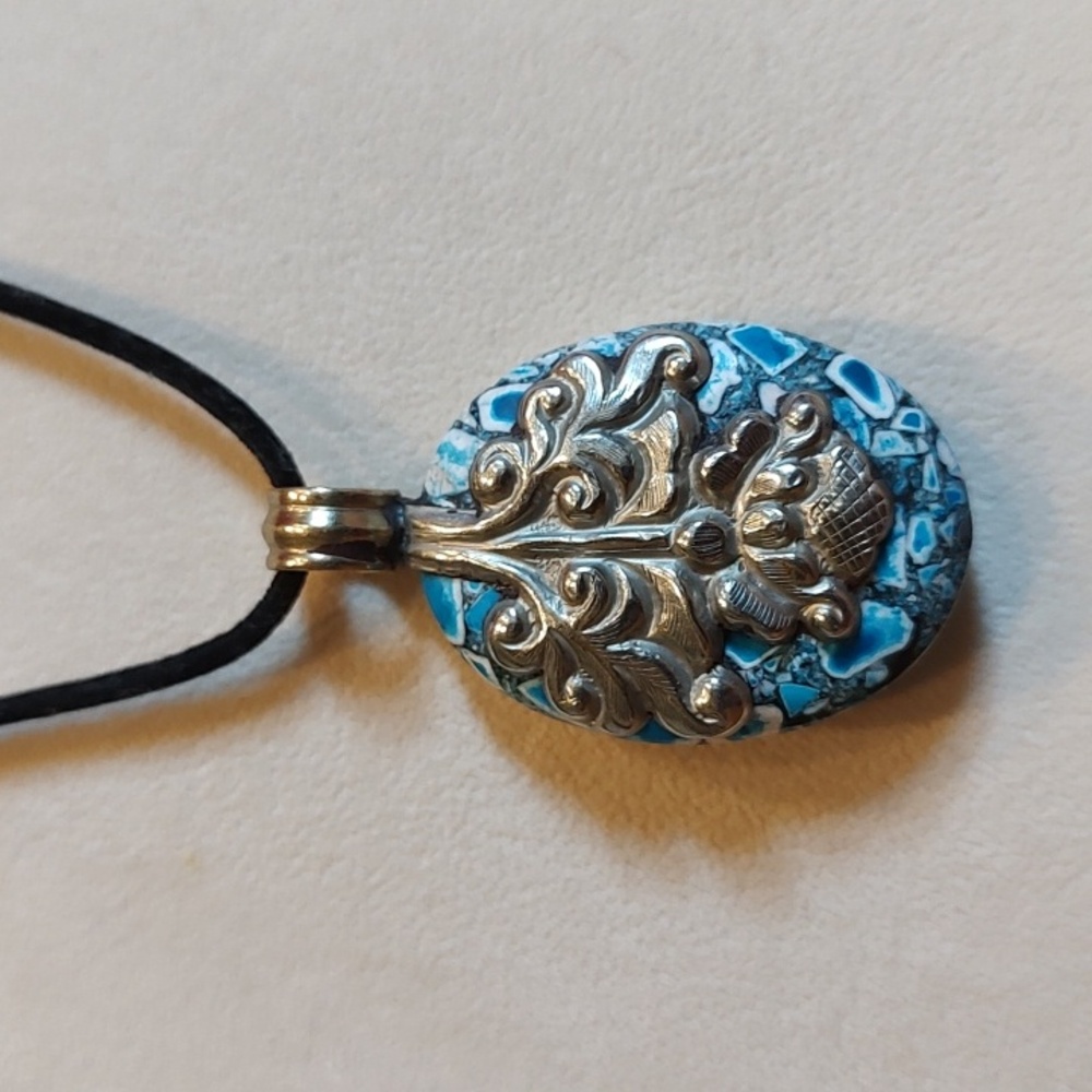 Vintage Nepalese Tibetan Style Turquoise Pendant With Black Silk Cord